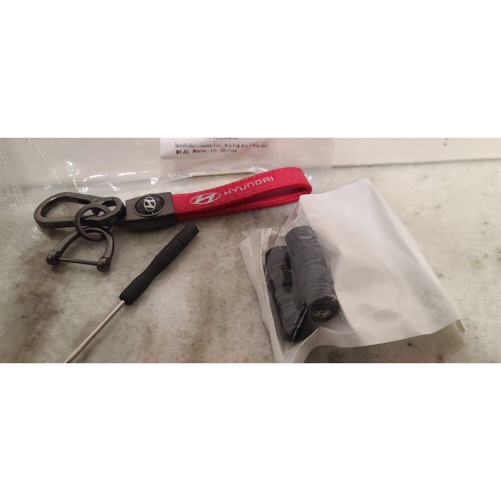Hyundai Genuine Leather Red Chrome Keychain & Tire Valve Stem Caps